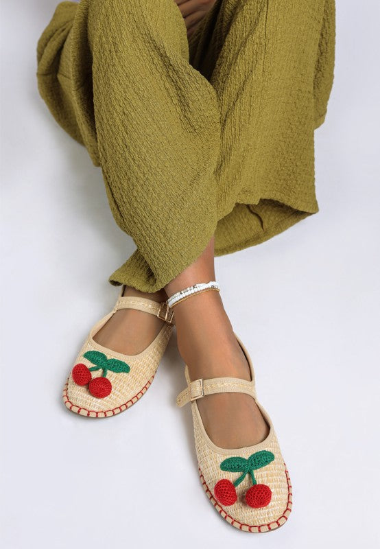Front view of beige Brunch Date Mary Jane Flats showcasing cherry embellishment and closed round toe.