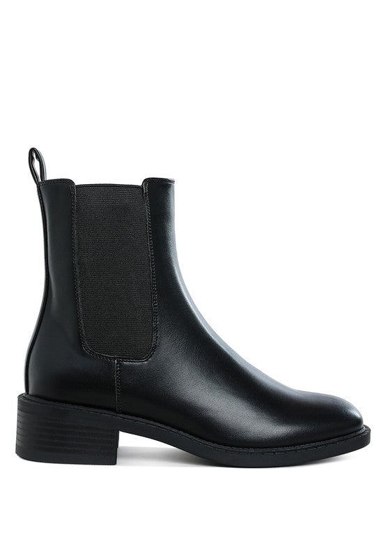 Side front view of Tripoli Stacked Heel Chelsea Boots with closed round toe and elastic gusset detail.