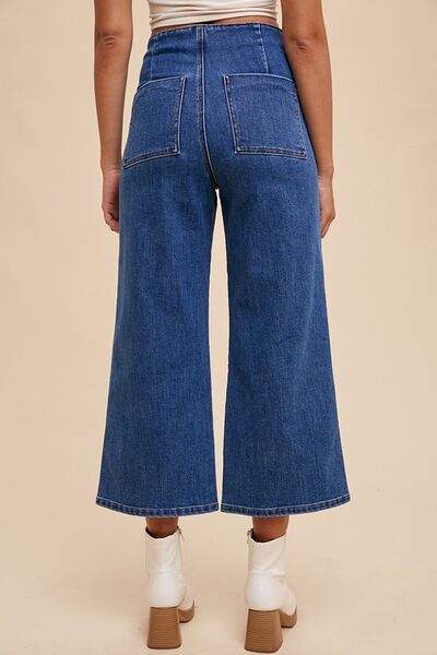 Back view of Frankie dark wash jeans with high waist and classic wide leg fit.