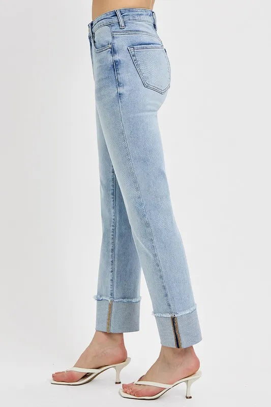Side view of Lorelei High Rise Straight Cuffed Relaxed Jeans highlighting straight leg silhouette.
