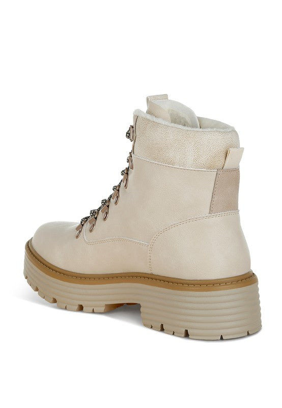 Back angle of Beige Boskoff Lace-Up Chunky Ankle Boots highlighting block heel and ankle shaft design.