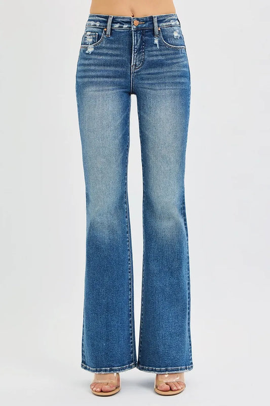 Front view of Jordy Tummy Control High Rise Flare Jeans showing sleek high waist design.