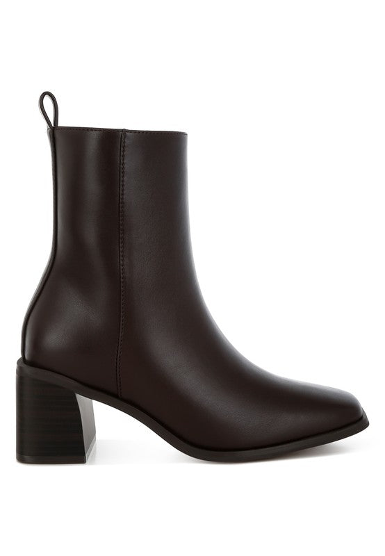 Side view of Brown Muskox Square Toe Boots with block heel, zipper closure, and cushioned insole.