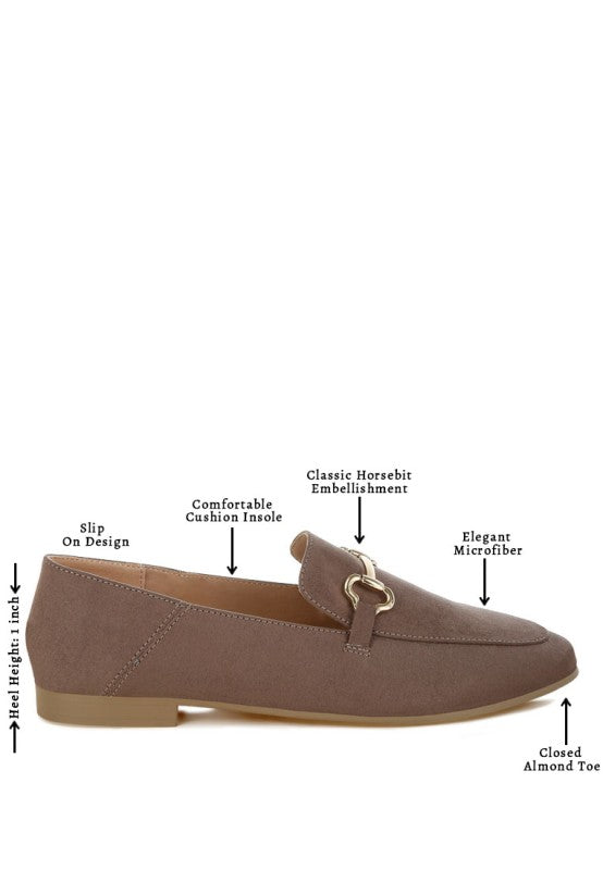 Taupe Noltas Loafers infographic showing horsebit detail, flat heel, and comfort insole.