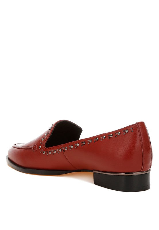 Back angle view of burgundy Wolferton studded loafers with stud detailing