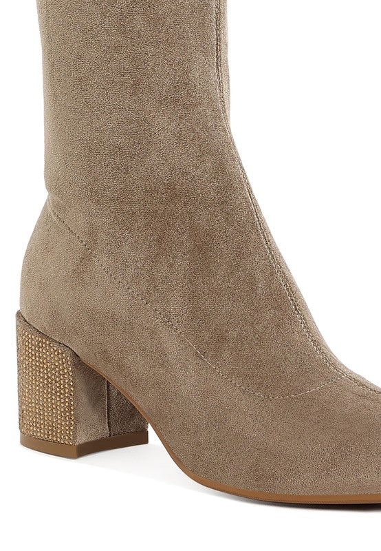 Sinaloa Microfiber Knee High Boots Taupe close-up of suede texture and heel detail
