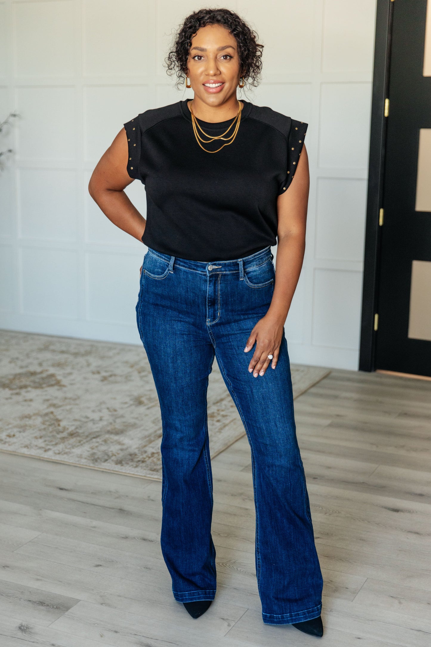 Full body plus size view of Myla Studded Cap Sleeve Top styled with casual jeans.