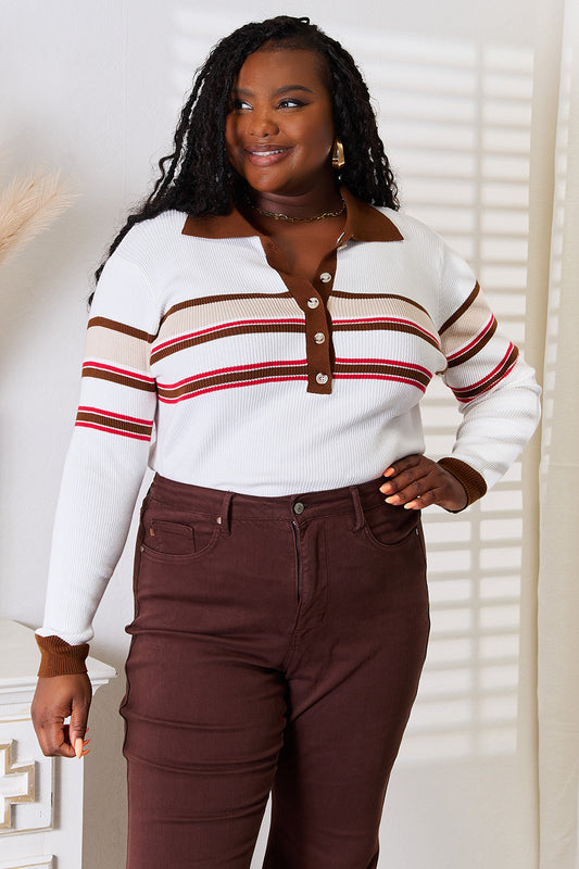 Plus size model front view in Andy striped collared rib-knit beige long sleeve top.