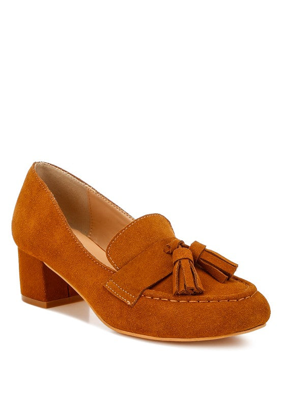 Front angle of Tan Ziva Suede Loafer Heels with tassel detail and block heel design.