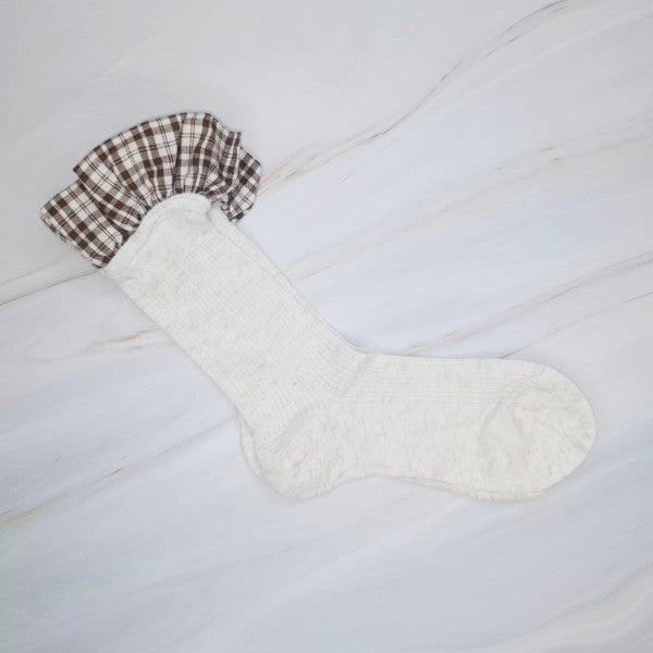 Brown Oh So Chic Plaid Ruffle Sock with plaid ruffle detail.