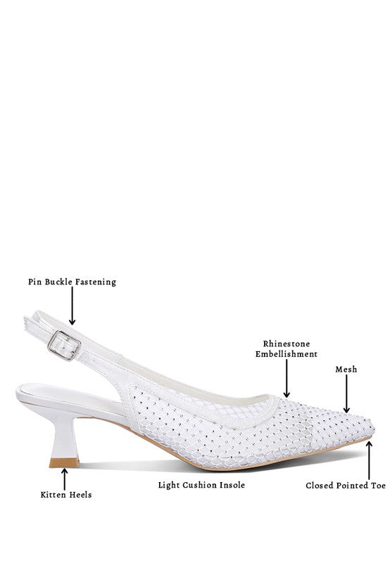 Infographic showing Siev rhinestone slingback mule.