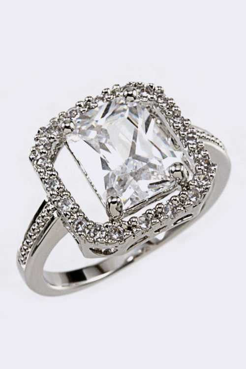 Top view of Elegant Cubic Zirconia Ring with sparkling stones set in rhodium-plated brass band.