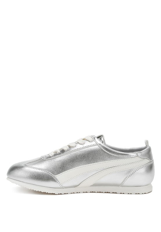 Montek Silver Metallic Sneakers - Vegan Leather, Cushioned Insole, Lace-Up