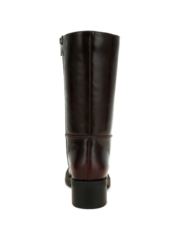 Back view of Soora Block Heel Calf Boots in brown with calf-length design