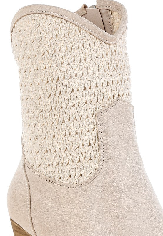 Beige Bimmy Woven Western Boots close up of woven embroidery and textured microfiber upper.