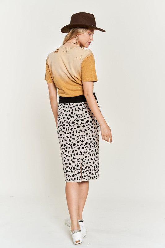 Kilah Animal Print Sweater Skirt full back view, midi length and bold animal print.