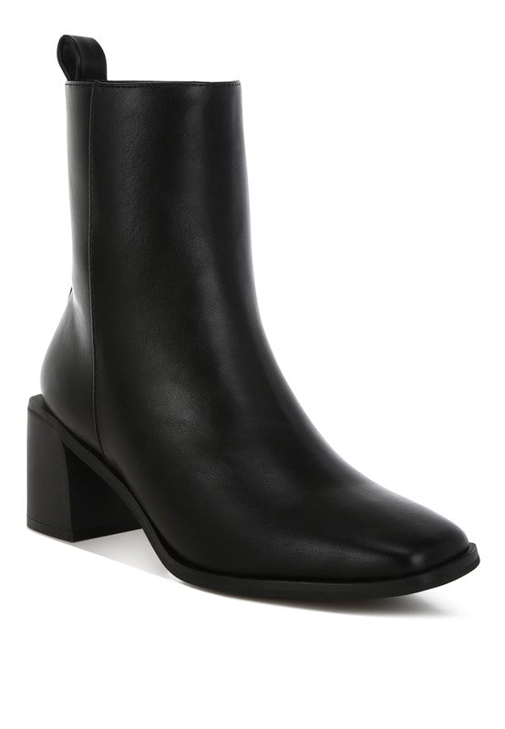 Front angle of Black Muskox Square Toe Vegan Leather Boots with block heel and zipper closure.