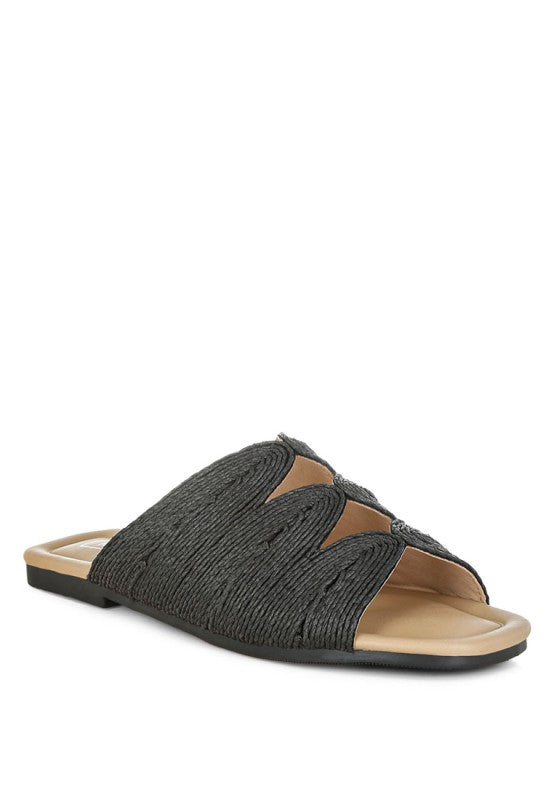View of black Daisy Doe raffia flat highlighting the open square toe and detailed cut work design.