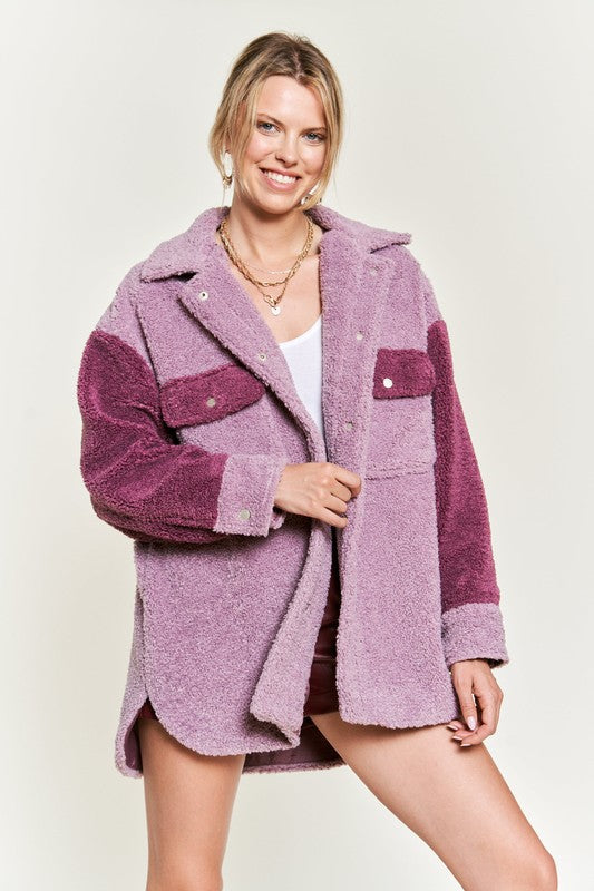 Deedre Sherpa Jacket in berry, side view showing colorblock sleeves and oversized fit.