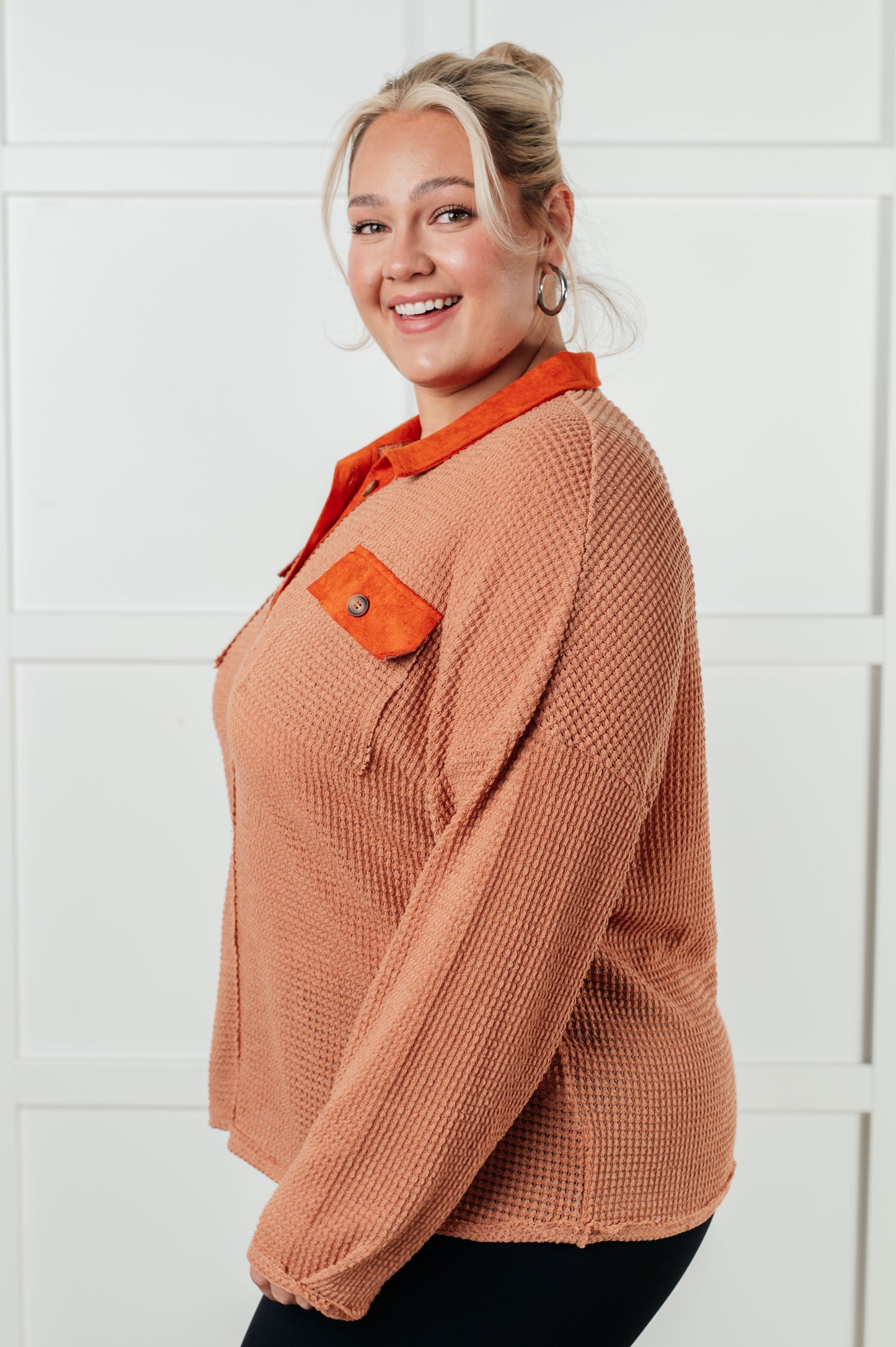 Plus size Emerie Waffle Knit Contrast Trim Top with contrast collar and patch pocket.