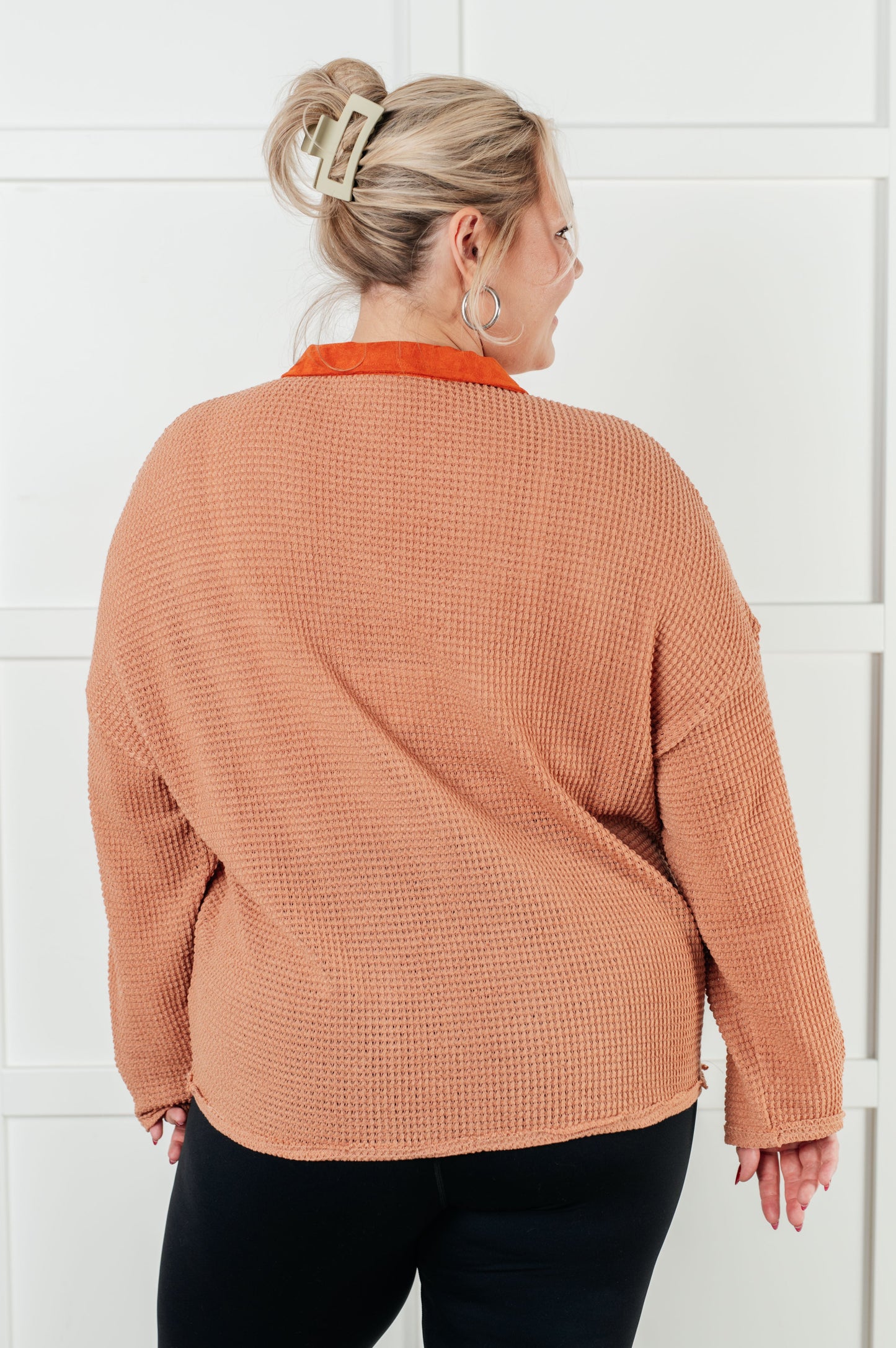 Plus size Emerie Waffle Knit Contrast Trim Top back view highlighting relaxed fit.