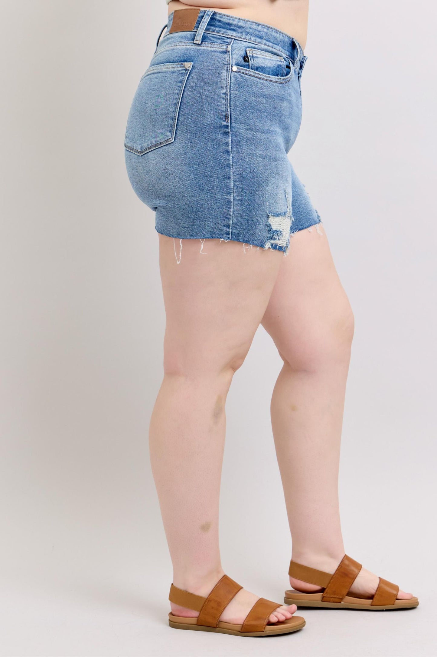 Charley High Rise Distressed Cutoff Shorts – Judy Blue, Stretch Denim, Raw Hem, Medium Wash