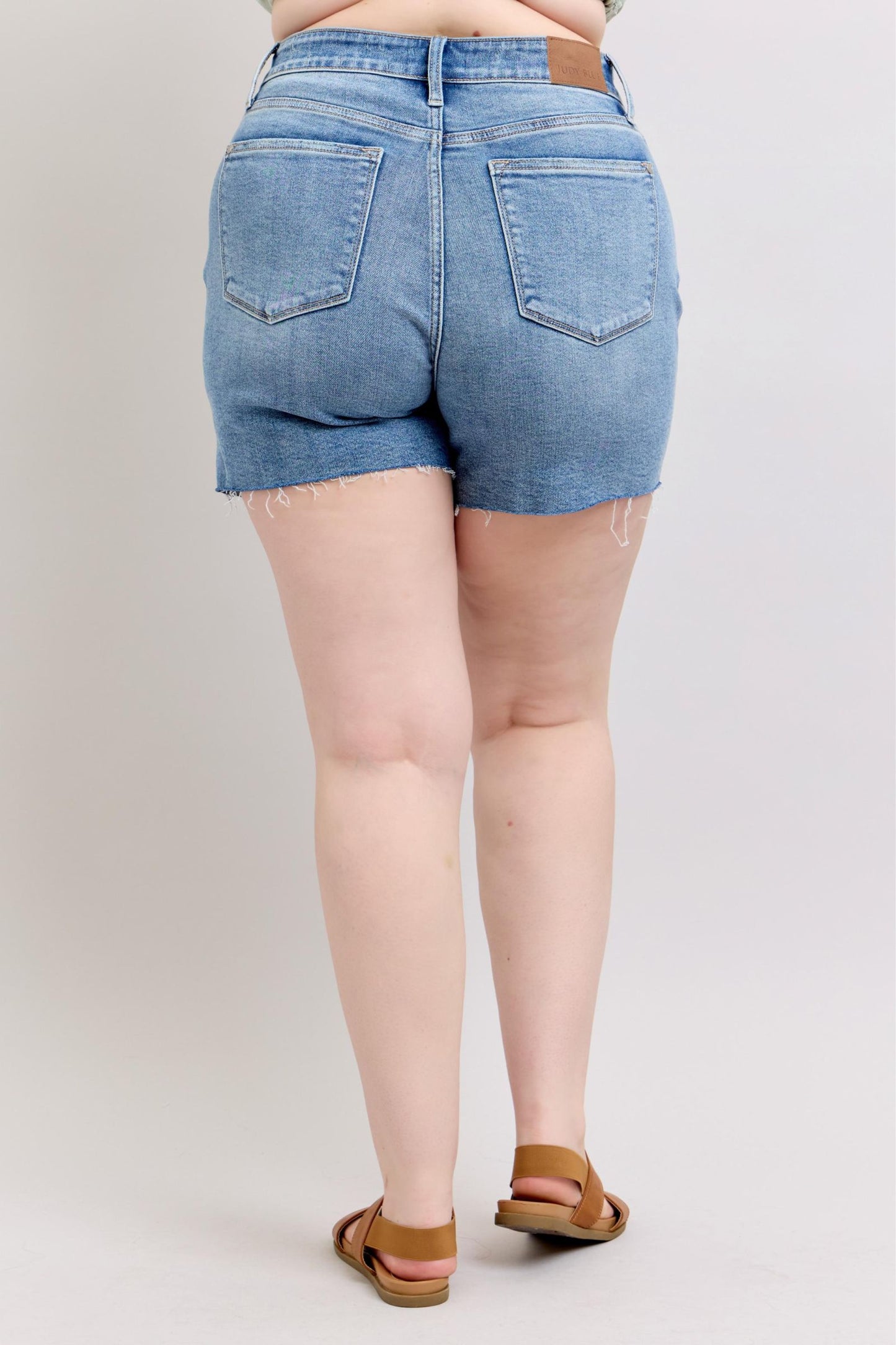 Charley High Rise Distressed Cutoff Shorts – Judy Blue, Stretch Denim, Raw Hem, Medium Wash