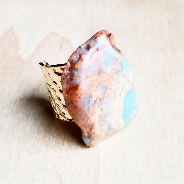 Chunky Aqua Terra cuff ring with bold gemstone slab on hammered base