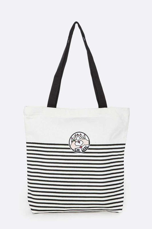 Girl Gang Cotton Canvas Tote with black handle, striped pattern, and statement “Girl Gang” patch.