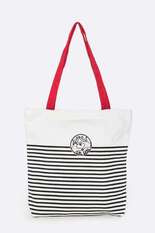 Girl Gang Cotton Canvas Tote with red handle, bold striped design, and “Girl Gang” patch.