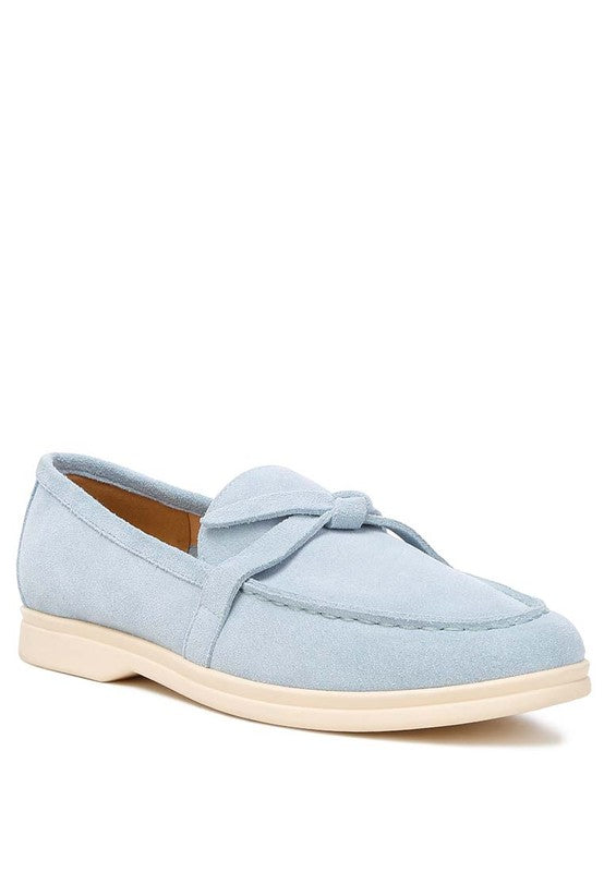 Nautica Genuine Suede Knot Detailed Loafers in baby blue, front angle display.