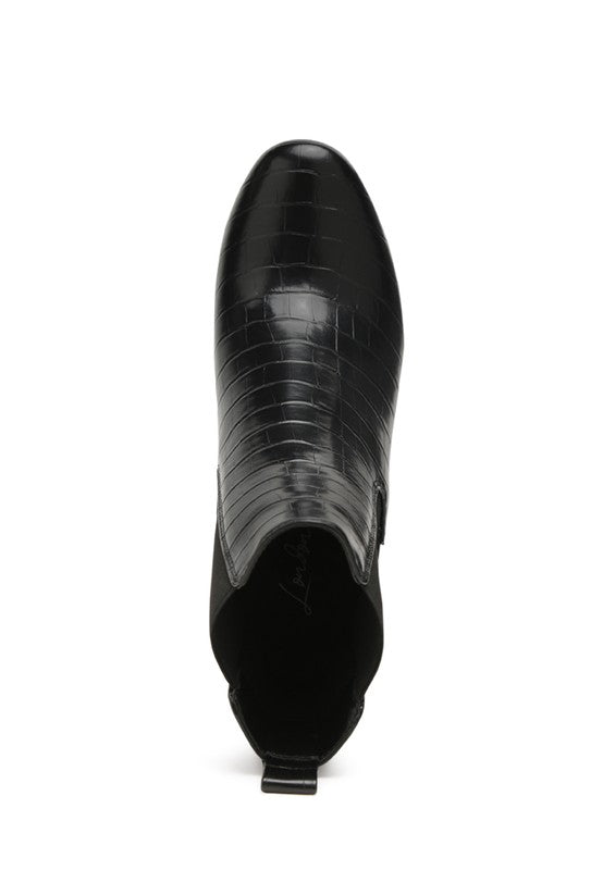 Top view of black Briony Block Heel Ankle Boots in patent vegan leather showing round toe and elasticated gusset design.