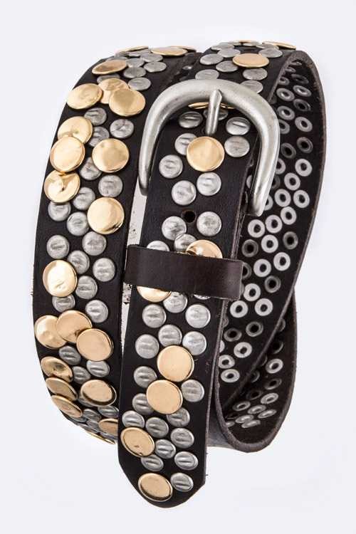 Rolled Pavlina Hammered Studs Leather Belt in black leather with silver buckle and mixed gold and silver hammered stud accents.