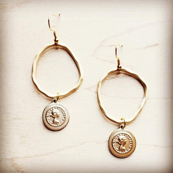 Flat lay of Matte Gold Hoop Earrings with textured coin dangle, handcrafted boho statement design.