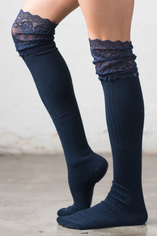 Harlow Lace Topped Over-the-Knee Socks - Ribbed, Feminine Detail, Multiple Colors
