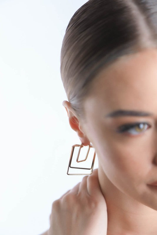 Minimal Gold Square Cut Out Earrings - Geometric Design, Latch Stud Closure, Lightweight Metal