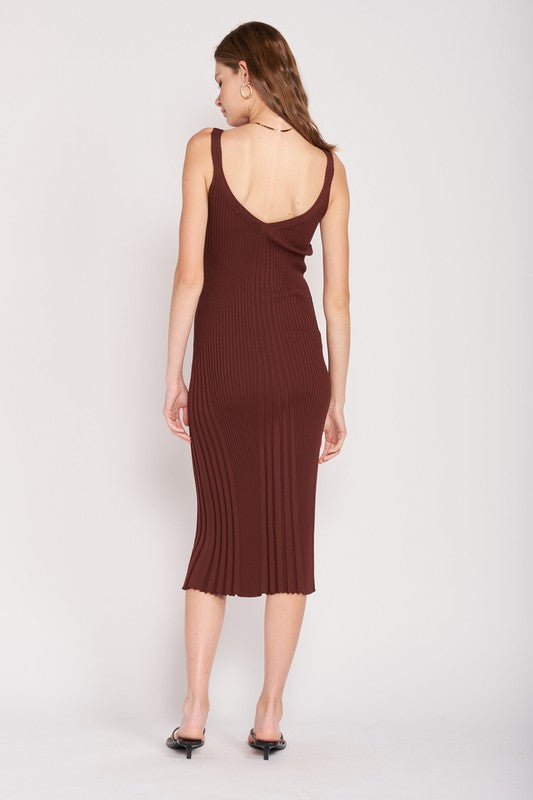 Chocolate ribbed midi dress with dramatic open back and fitted waist.