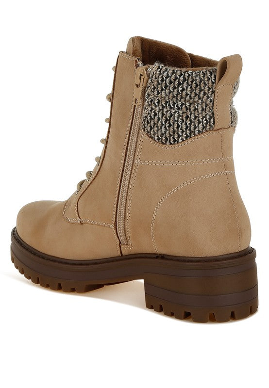 Back angle of Beige Mahisha Hiker Boots highlighting functional zipper closure and knitted collar design.