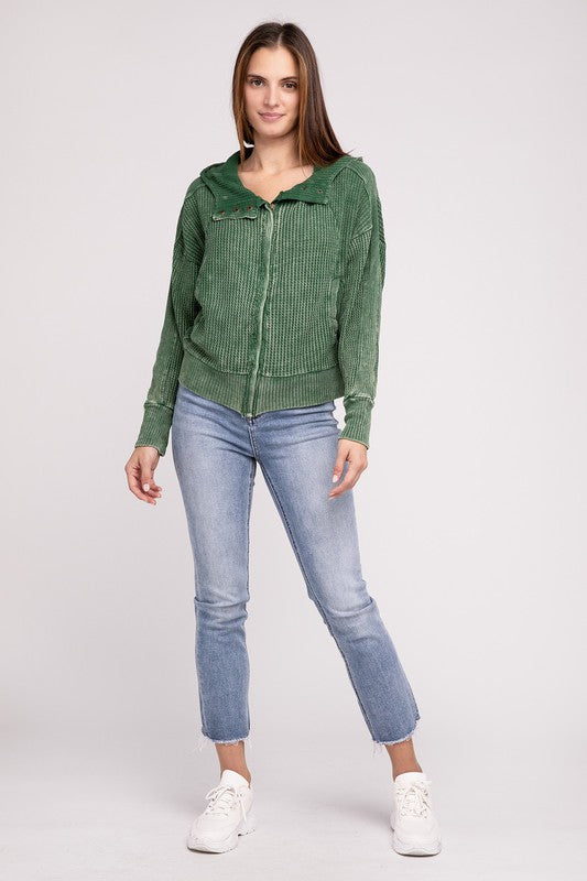 Full-body view of Dark Green Hanna Acid Wash Hooded Jacket styled casually.