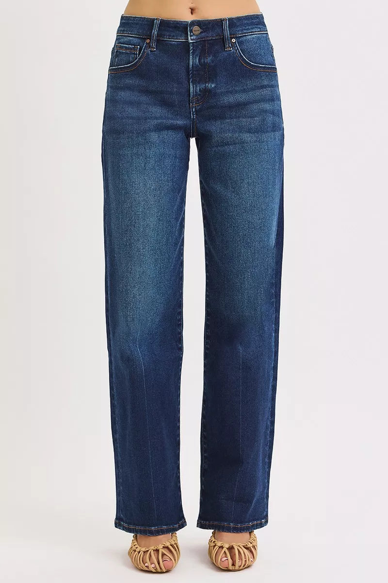Badu Mid Rise Wide Baggy Jeans Dark Wash flattering wide leg fit.