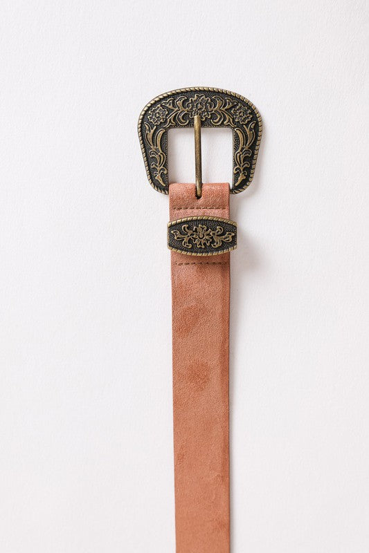 Sparrow Suede Western Buckle Belt in camel, displayed flat to show buckle detail.
