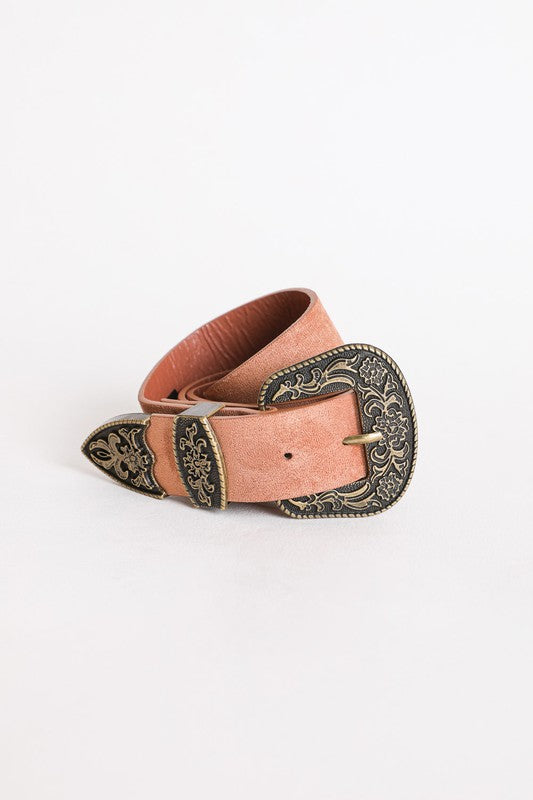 Rolled Sparrow Suede Western Buckle Belt in camel with antiqued gold buckle.