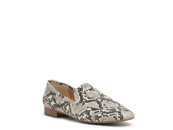 Front angle side view of Julia Snakeskin Leather Pointed Loafers with squared toe and slip-on style.