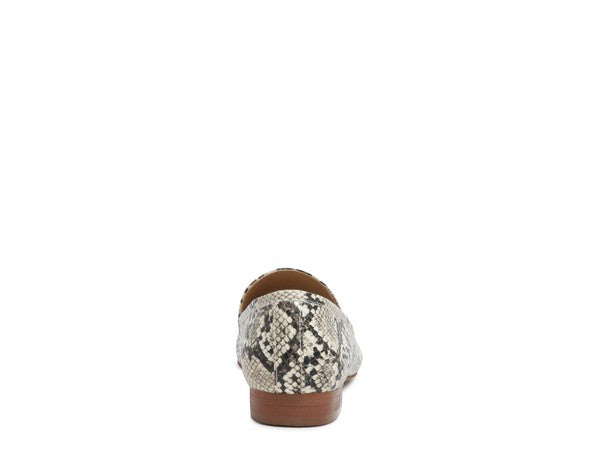 Back view of Julia Snakeskin Leather Pointed Loafers showing heel design and suede finish.