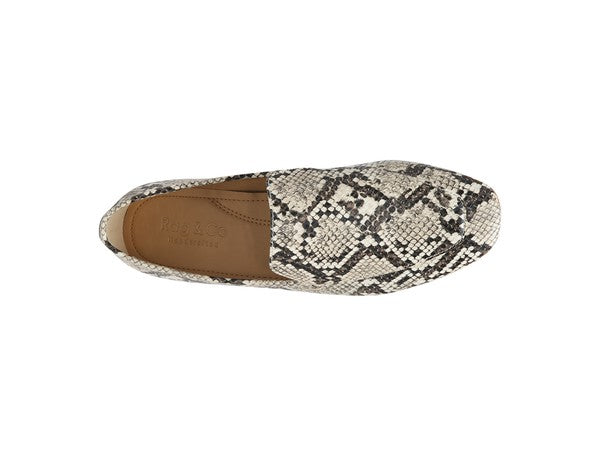 Top view of Julia Snakeskin Leather Pointed Loafers with slip-on opening and pointed square toe.