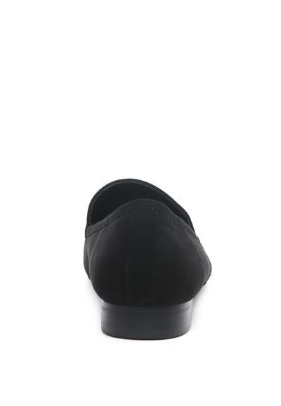 Back view of Julia Black Leather Pointed Loafers showing sleek heel and genuine suede construction.