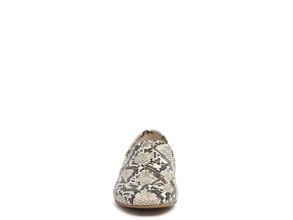Front view of Julia Snakeskin Leather Pointed Loafers with squared toe and snakeskin pattern.