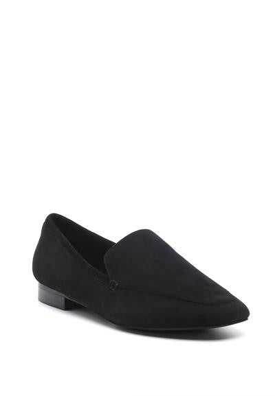 Front angle side view of Julia Black Leather Pointed Loafers with squared toe and slip-on design.