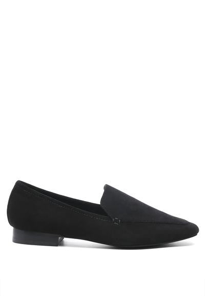 View of Julia Black Leather Pointed Loafers highlighting suede finish and breathable lining.