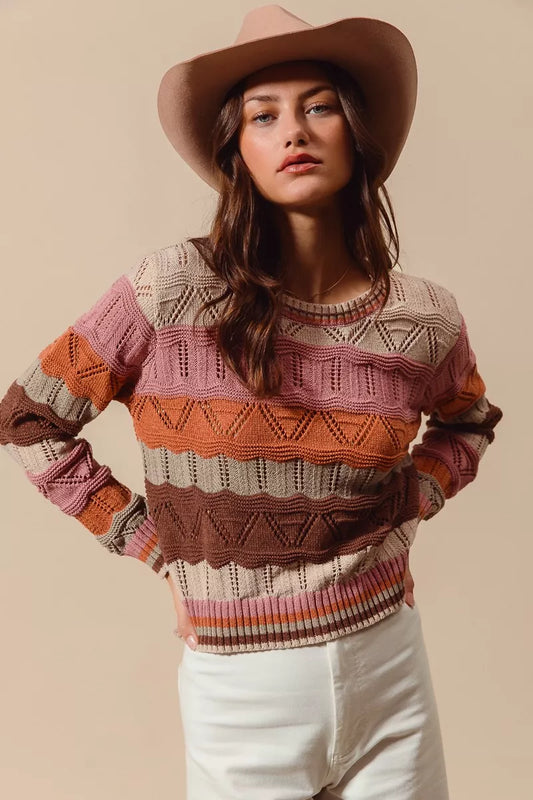Front view of Nina Multi Color Wavy Stripe Sweater Top in oatmeal combo with wavy stripe design.
